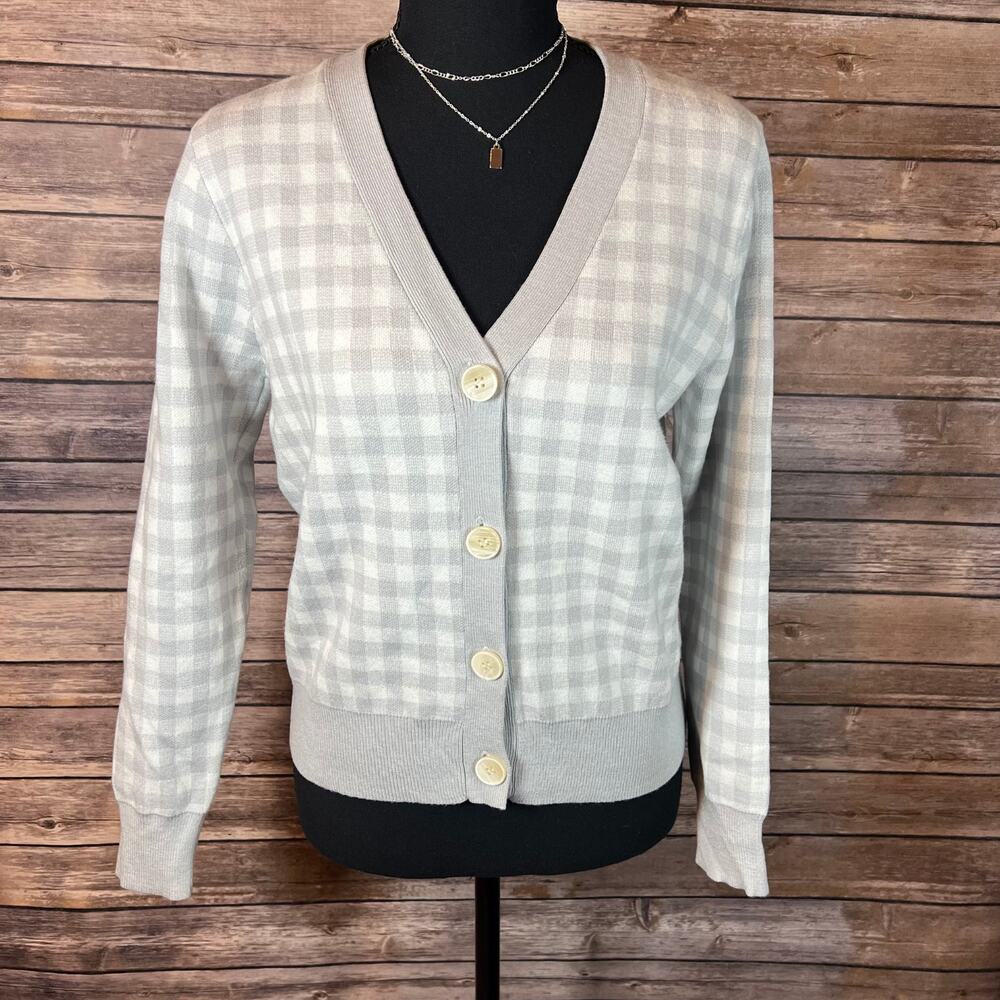Sioni Gray/White Checkered Gingham Cardigan Sweater